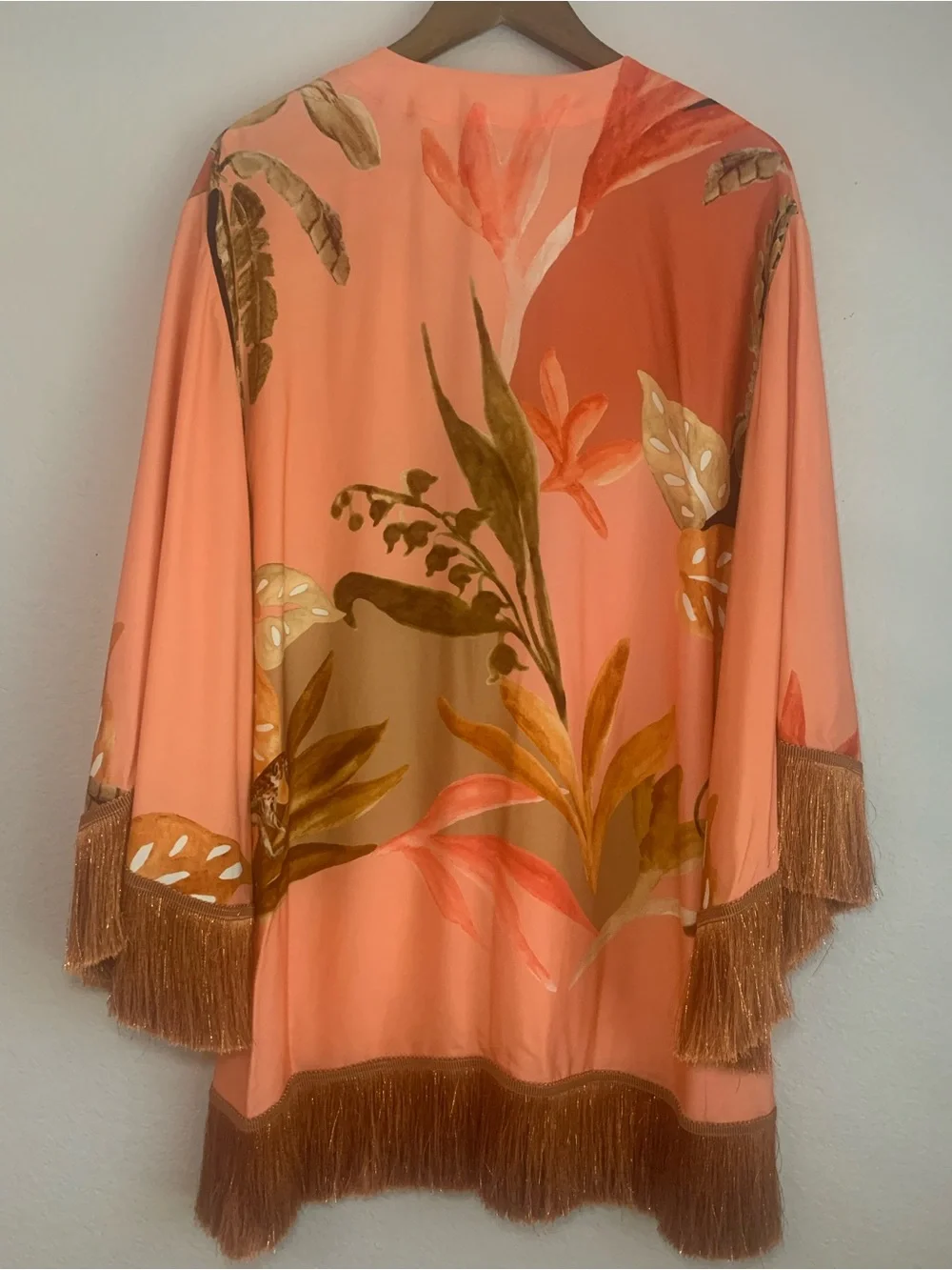 PatBO Bananier Short Coverup | Kaftan in Peach with Beaded Trim and Fringe - Picture 3 of 9
